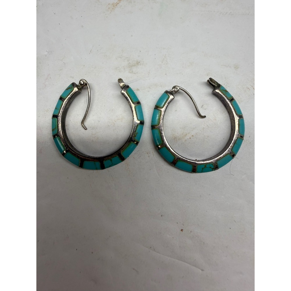 Sterling Silver Turquoise Inlay Hoop Earrings Southwestern Latch Back 1.25"